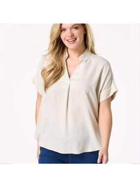 Women Linen Button Back Pullover Top 1X Beige Coastal Beachy Natural Minimalist